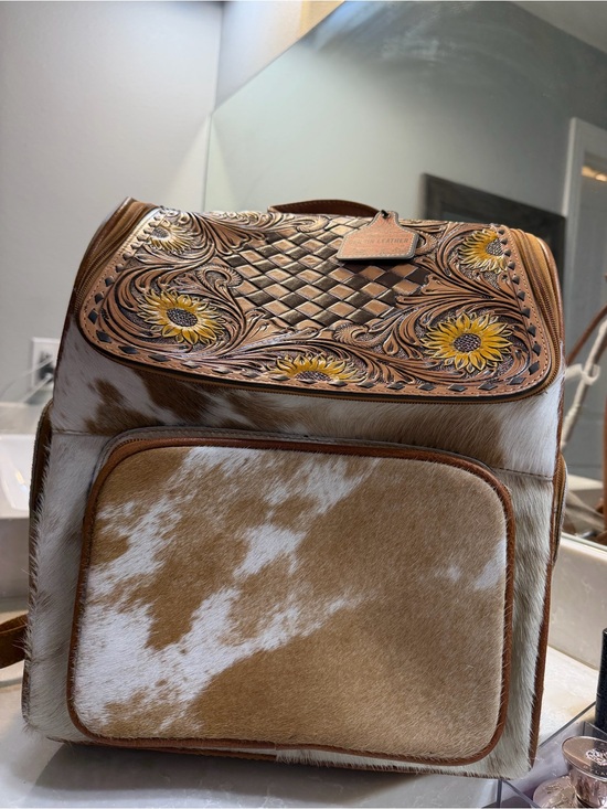 Cowhide & Tooled Floral Leather Backpack - Tan White main image 8
